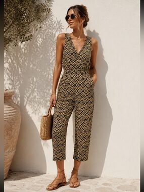Whistles Zig Zag Wide Leg V Neck Jumpsuit Green Black Size 8 NWT